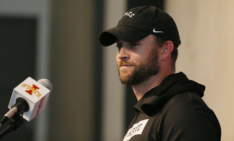 Iowa State offensive coordinator Taylor Mouser talks to media during the university’s football media availability at Stark Performance Center on Wednesday, Aug. 21, 2024, in Ames, Iowa.