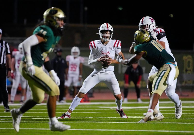 Millard South Jett Thomalla (4) looks for receivers against Basha during a game at Basha High School in Chandler, Arizona, on Friday, Aug. 30, 2024.