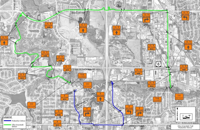 A map shows detours for the Clive Greenbelt Trail that will begin Oct. 1 and are expected to last through 2025.
