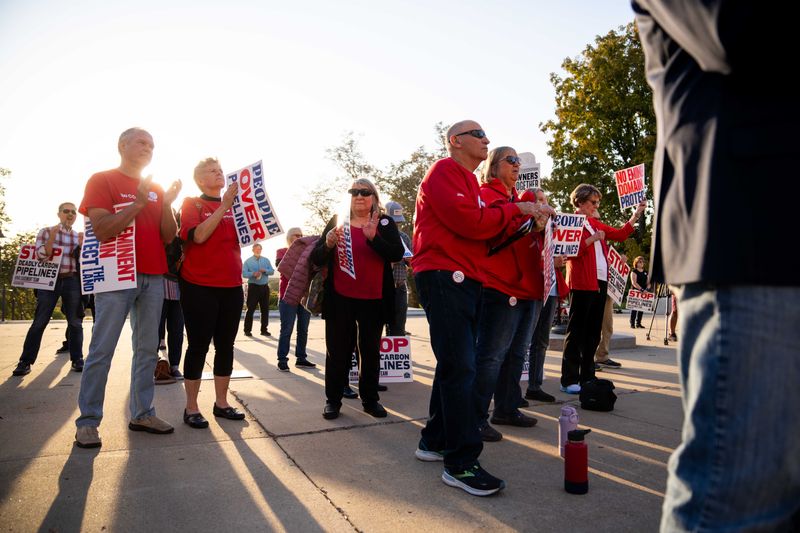 The Summit pipeline plan has been highly controversial in Iowa. Here, opponents father on the steps of the Iowa Capitol to rally against it in 2024.