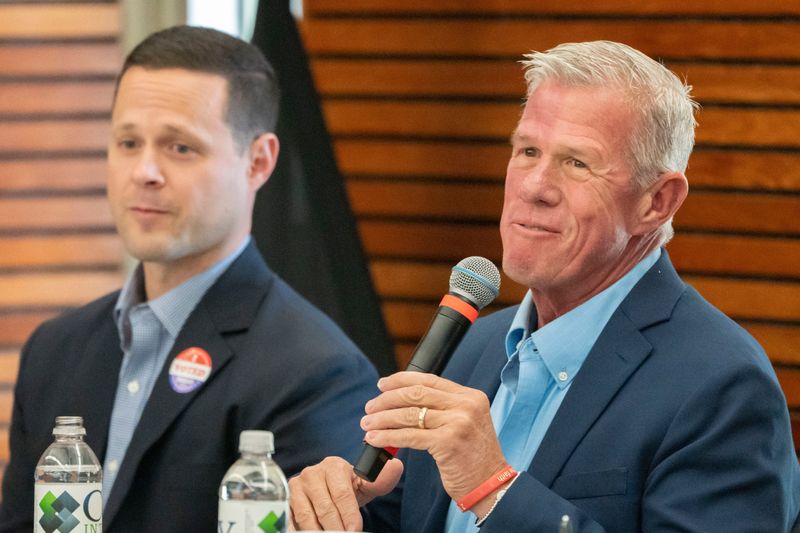 Brad Zaun, Republican incumbent for Iowa Senate District 22, speaks during a candidate forum hosted by the Urbandale Chamber of Commerce at E.J. Giovannetti Shelter in Walker Johnston Park on Wednesday, Oct. 16, 2024, in Urbandale.