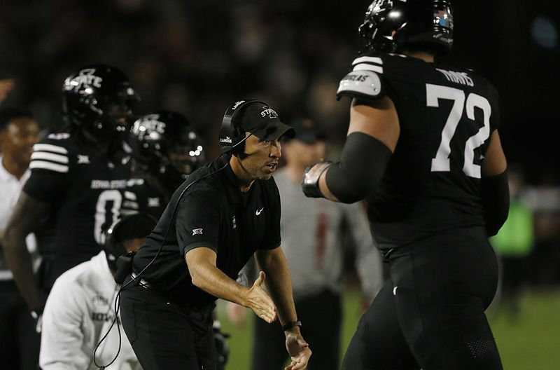 Iowa State Cyclones football head coach Matt Campbell celebrates after a touchdown against UCF during the first quarter in the week-8 NCAA football at Jack Trice Stadium on Saturday, Oct. 19, 2024, in Ames, Iowa.