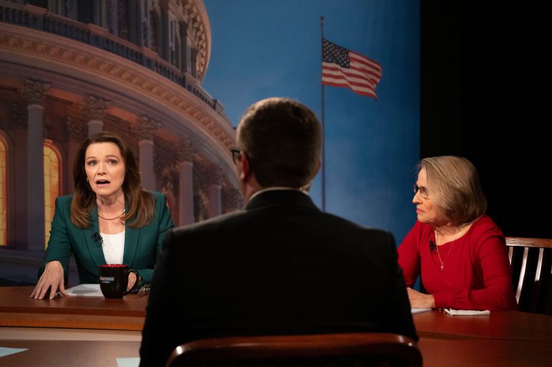 From left: 1st Congressional District candidate Christina Bohannan speaks during a debate with Republican incumbent Mariannette Miller-Meeks hosted by Iowa PBS on Monday, Oct. 21, 2024, in Johnston.