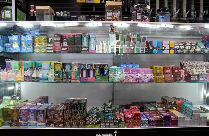 Vape pens containing Delta 8 are on display at the VIP Smoke Shop in Centerville on Friday, November 1, 2024. Friday, November 1, 2024.