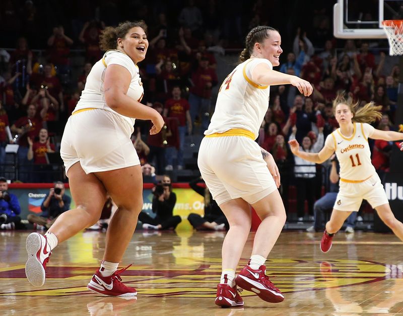 Iowa State's Audi Crooks, left, celebrates with Addy Brown after a game-winning shot against Drake at Hilton Coliseum on Sunday, Nov. 24, 2024, in Ames, Iowa.