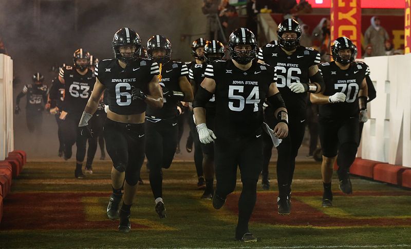 Iowa State football team enters the field before the game against Kansas State in the NCAA football at Jack Trice Stadium on Saturday, Nov. 30, 2024, in Ames, Iowa.