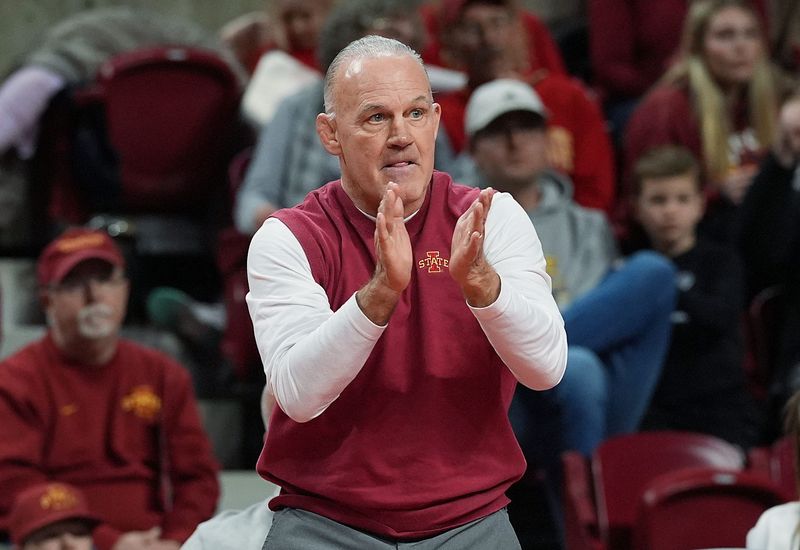Iowa State Wrestling coach Kevin Dresser reacts during Iowa State and Oklahoma State wrestling at Hilton Coliseum on Sunday, Jan. 26, 2025, in Ames, Iowa.