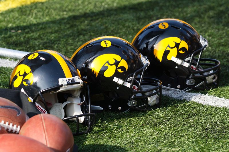 November 17, 2012; Ann Arbor, MI, USA; Iowa Hawkeyes helmets on the sideline during the game against the Michigan Wolverines at Michigan Stadium. Mandatory Credit: Rick Osentoski-USA TODAY Sports