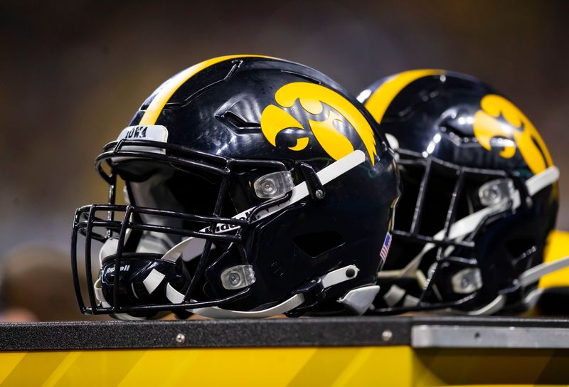 Dec 4, 2021; Indianapolis, IN, USA; Detailed view of Iowa Hawkeyes helmet on the sidelines in the Big Ten Conference championship game at Lucas Oil Stadium. Mandatory Credit: Mark J. Rebilas-USA TODAY Sports