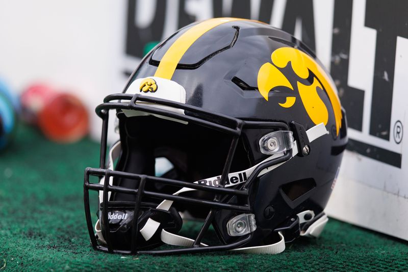 Oct 14, 2023; Madison, Wisconsin, USA; General view of an Iowa Hawkeyes helmet during the game against the Wisconsin Badgers at Camp Randall Stadium. Mandatory Credit: Jeff Hanisch-USA TODAY Sports