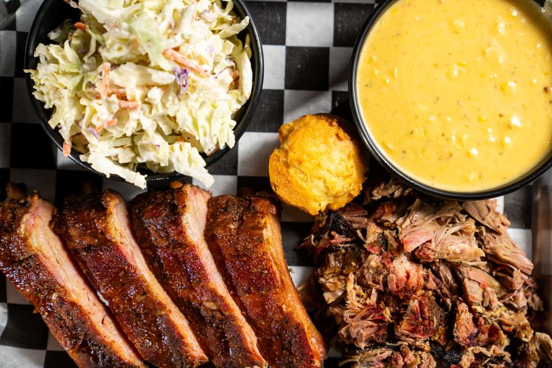 The pulled pork, ribs, coleslaw, and jalapeno corn from Bubbies BBQ in Ankeny.