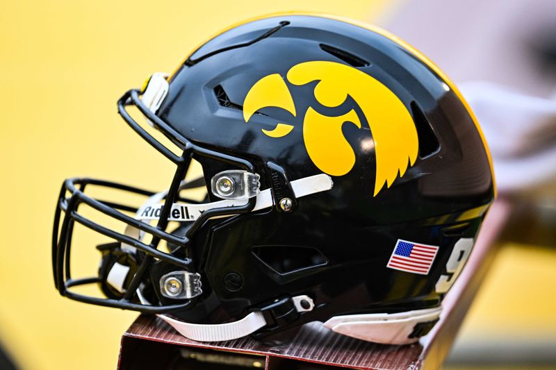 Sep 9, 2023; Ames, Iowa, USA; An Iowa Hawkeyes helmet sits ready during the game between the Iowa State Cyclones and the Iowa Hawkeyes at Jack Trice Stadium. Mandatory Credit: Jeffrey Becker-USA TODAY Sports