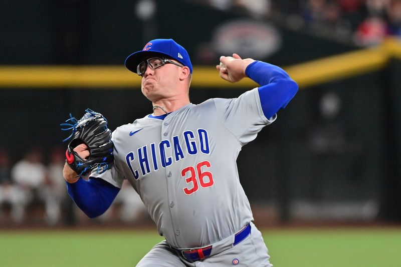 Apr 17, 2024; Phoenix, Arizona, USA; Chicago Cubs pitcher Jordan Wicks (36) throws in the first inning against the Arizona Diamondbacks at Chase Field. Mandatory Credit: Matt Kartozian-USA TODAY Sports
