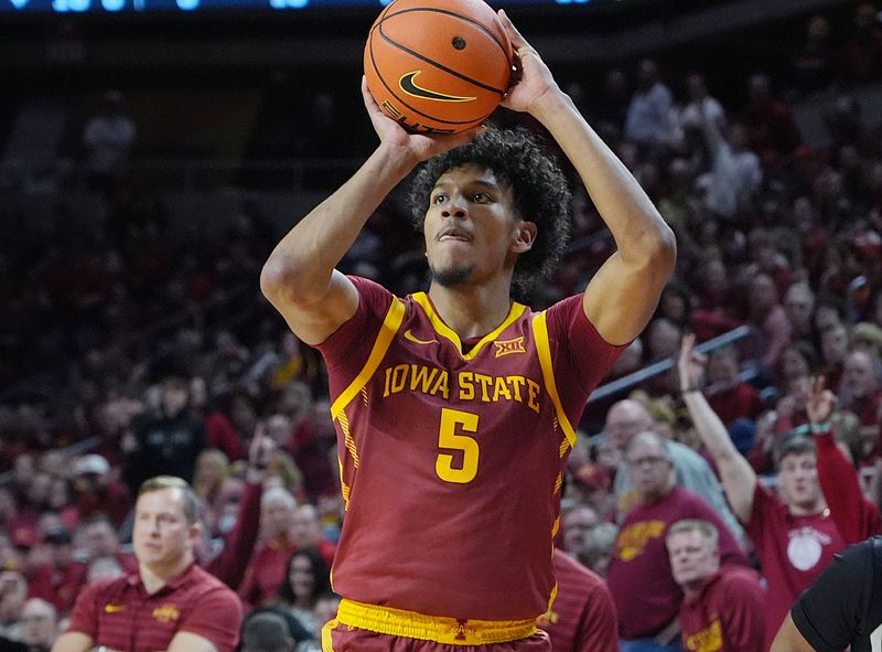 Iowa State Cyclones guard Curtis Jones (5) takes a three-point shot against Cincinnati during the second half in the Big-12 men’s basketball at Hilton Coliseum on Feb. 15, 2025 in Ames, Iowa.