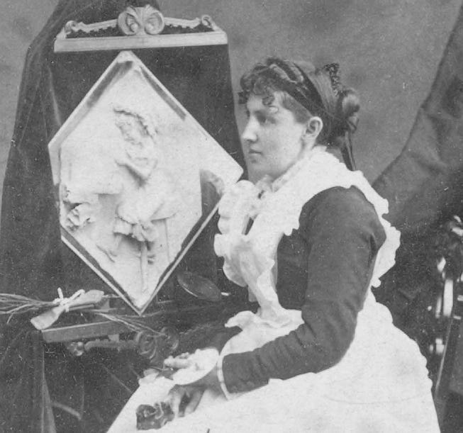 Caroline Shawk Brooks and one of her butter sculptures on exhibit at Amory Hall in Boston in 1877.