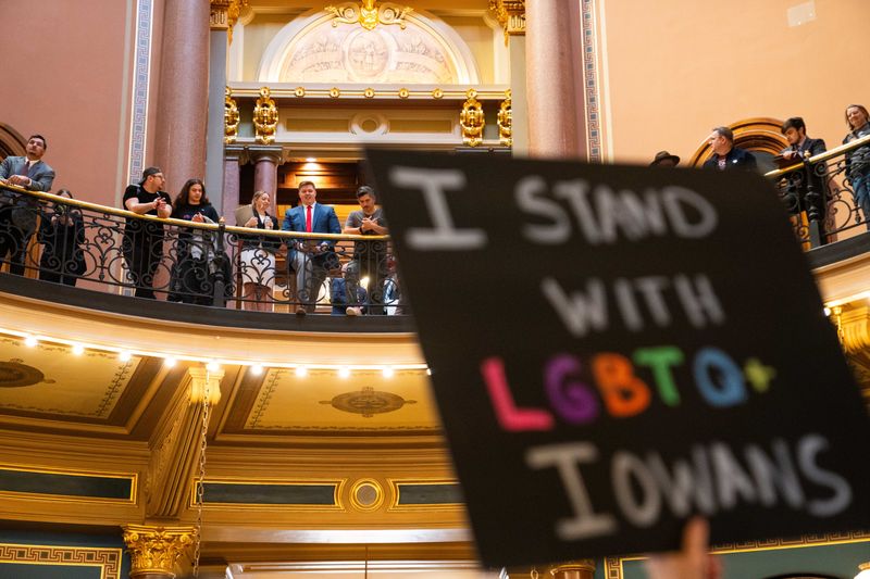 More than 1,000 protesters gather in the Capitol rotunda as the Iowa Legislature takes up the gender identity bill removing protections for trans people in the Iowa Civil Rights Act on Thursday, Feb. 27, 2025.