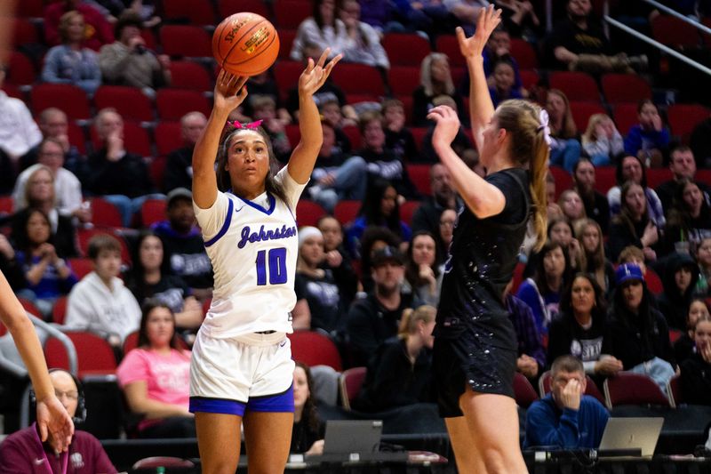 Johnston's Jenica Lewis (10) takes a shot during the 2025 girls state basketball tournament on Monday, March 3, 2025, at Wells Fargo Arena.