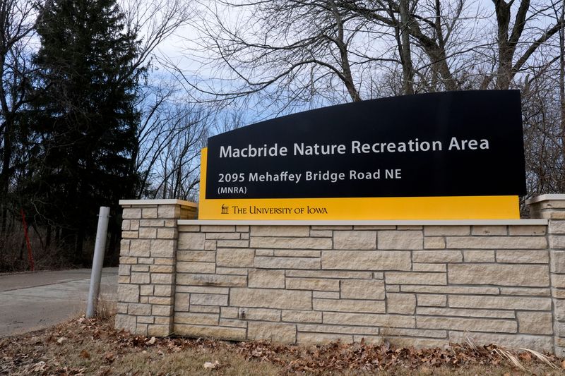 Signage for the Macbride Nature Recreation Area is pictured March 3, 2025 near Solon, Iowa. The University of Iowa will not renew its lease for the area when it expires in 2029.