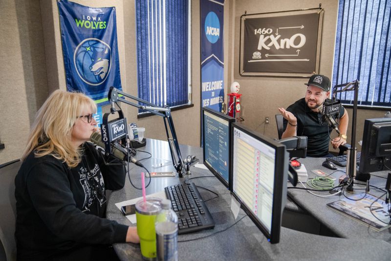 Heather Burnside and Sean Roberts are pictured during their KXnO radio show "The Drive" on Oct. 4, 2022. They were among the employees impacted by layoffs this week.