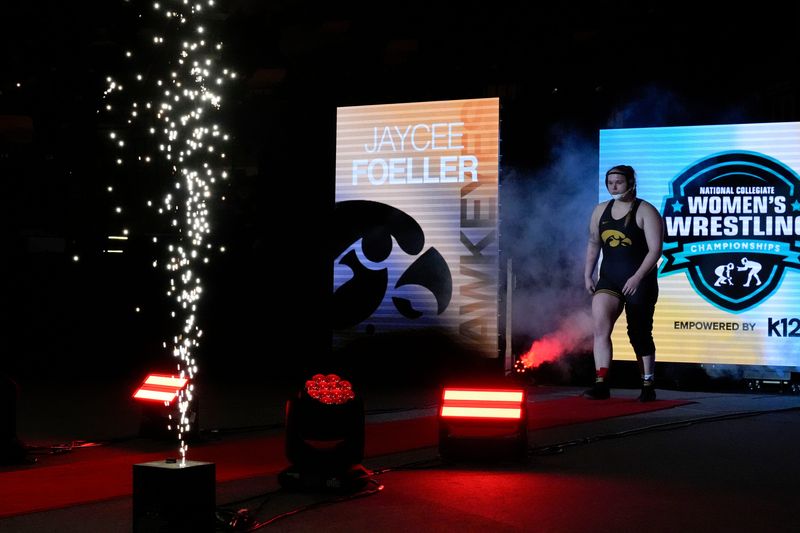 Iowa’s Jaycee Foeller takes the mat ahead of her 207-pound finals match during the National Collegiate Women’s Wrestling Championship Saturday, March 8, 2025 at Xtream Arena in Coralville, Iowa.