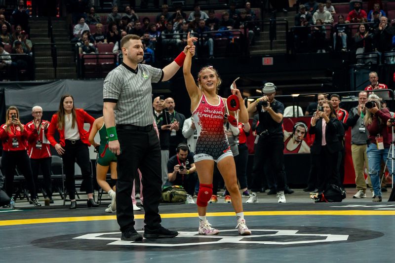 Jackson’s Makennah Craft celebrates her win on day three of the 2025 OHSAA State Wrestling Championships, Sunday, March 9, 2025, at the Jerome Schottenstein Center, The Ohio State University, Columbus.