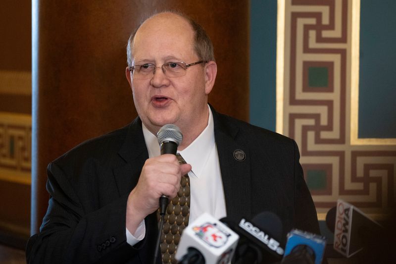Rep. Charley Thomson, R-Charles City, speaks during a rally against eminent domain for carbon capture pipelines on Tuesday, March 18, 2025, in Des Moines.