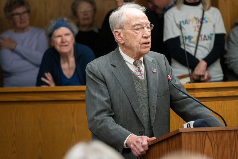U.S. Sen. Chuck Grassley speaks during a town hall at the Franklin County Courthouse on Friday, March 21, 2025, in Hampton.