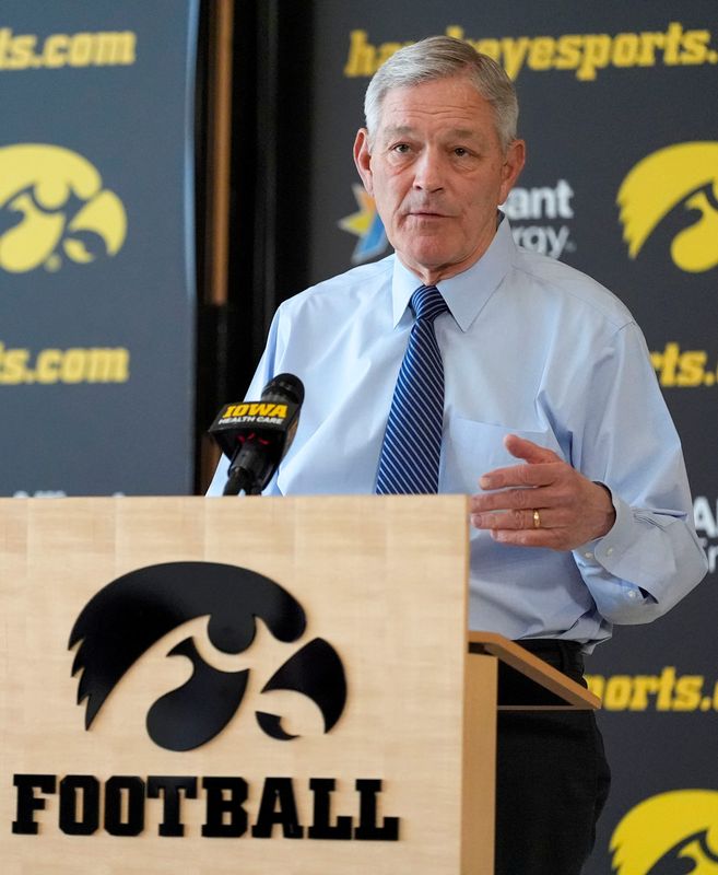 Iowa head football coach Kirk Ferentz gives team updates during a press conference as spring training begins Wednesday, March 26, 2025 in Iowa City, Iowa.