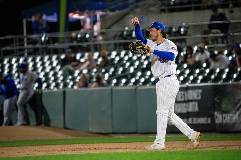 Iowa Cubs' Jonathon Long (27) throws the ball to second on Friday, March 28, 2025, at Principal Park in Des Moines.