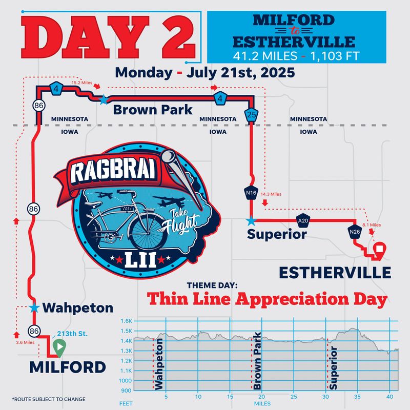 Day 2 of the Register's Annual Great Bicycle Ride Across Iowa will travel 41.2 miles from Milford to Estherville on July 21.