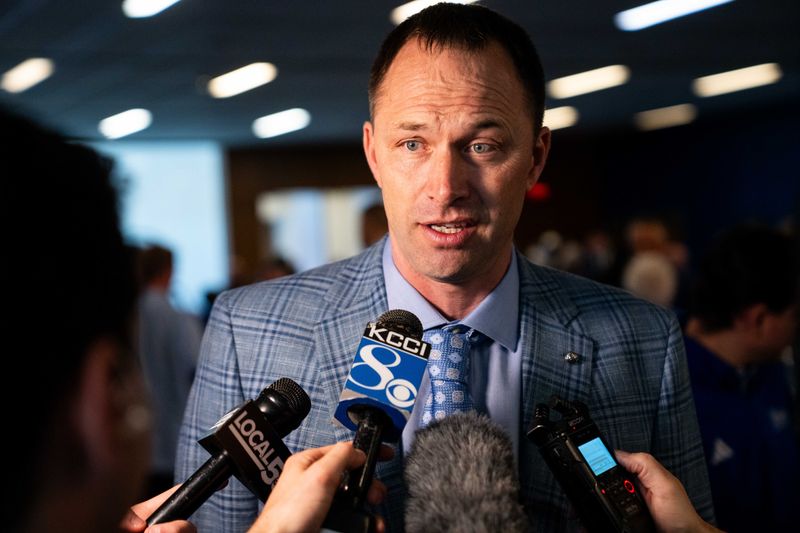 Drake head coach Eric Henderson takes questions from local media after his introductory press conference on Monday, April 7, 2025, in Des Moines.