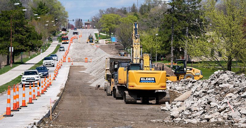 The northbound lane of Stange Road is closed for construction. Picture taken on April 21, 2025, in Ames, Iowa.