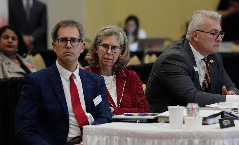 Iowa State University president Wendy Wintersteen listens to student protesters during the Iowa Board of Regents meeting at Iowa State University’s Alumni Center on April 23, 2025, in Ames, Iowa.