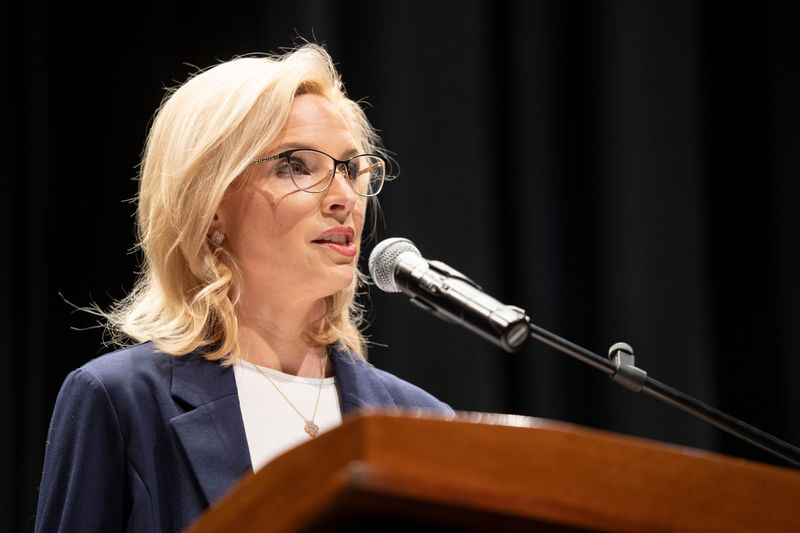 Rep. Ashley Hinson, R-Iowa, speaks during a public town hall at North Iowa Area Community College in Mason City, Thursday, April 24, 2025.