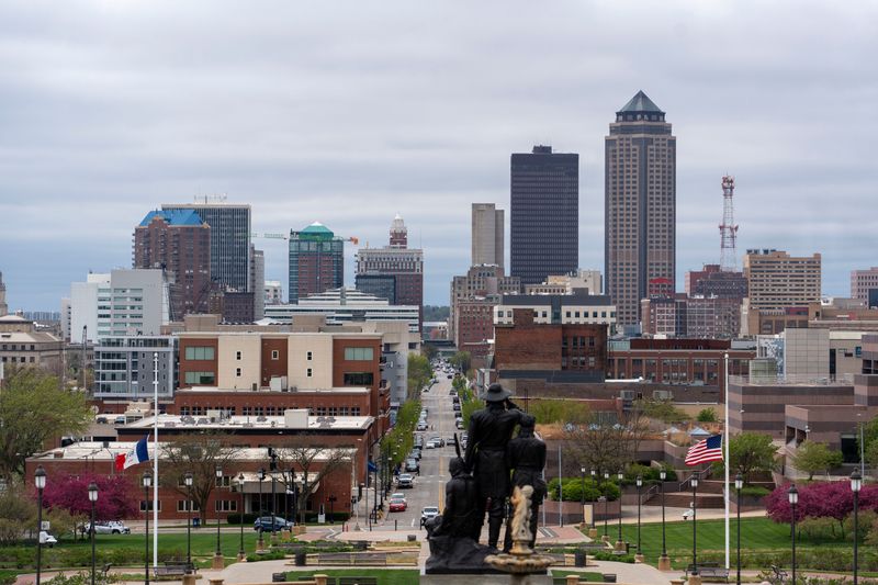 The Downtown Des Moines skyline is seen from the west steps of the Iowa State Capitol on April 25, 2025, in Des Moines.