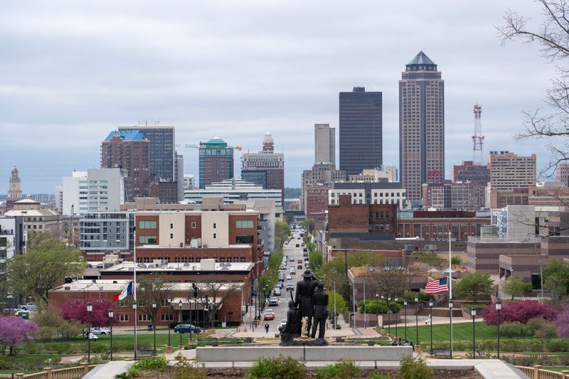 The Downtown Des Moines skyline is seen from the west steps of the Iowa State Capitol on April 25, 2025, in Des Moines.