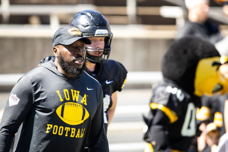 Apr 26, 2025; Iowa City, IA, USA; Iowa tight ends and fullbacks coach Abdul Hodge calls out instructions during a spring NCAA football open practice at Kinnick Stadium. Mandatory Credit: Joseph Cress/For the Register