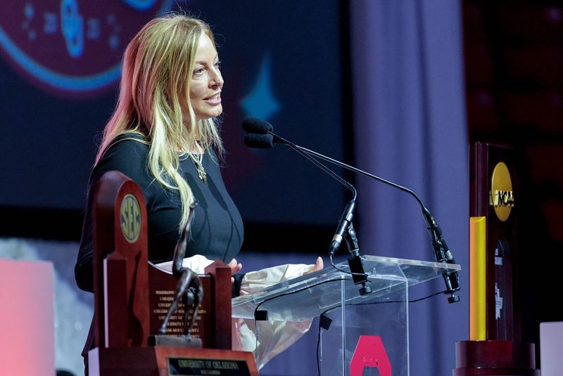 OU coach K.J. Kindler speaks during an NCAA championship rally for OU gymnastics in Norman, Okla., Monday, April 28, 2025.