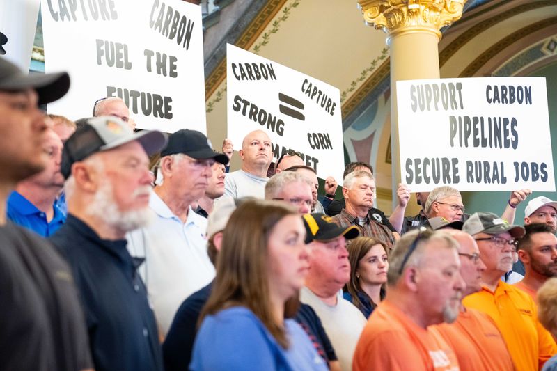 Iowa farmers gather to show their support of carbon pipelines on May 9, 2025, at the Iowa State Capitol.