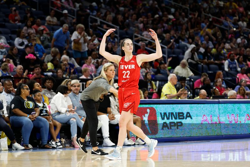 Aug 30, 2024; Chicago, Illinois, USA; Indiana Fever guard Caitlin Clark (22) reacts as she walks off the floor during the second half of a basketball game against the Chicago Sky at Wintrust Arena. Mandatory Credit: Kamil Krzaczynski-USA TODAY Sports