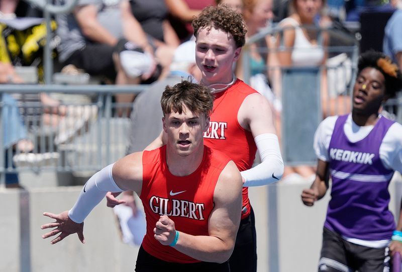 Gabe Fierce (front) and Paul Marpe are back to help the Gilbert boys track and field team try and win Class 3A state titles in the 4x200 and 4x100-meter relays during the Iowa high school girls and boys state track and field championships on May 21-23 at Drake Stadium in Des Moines.