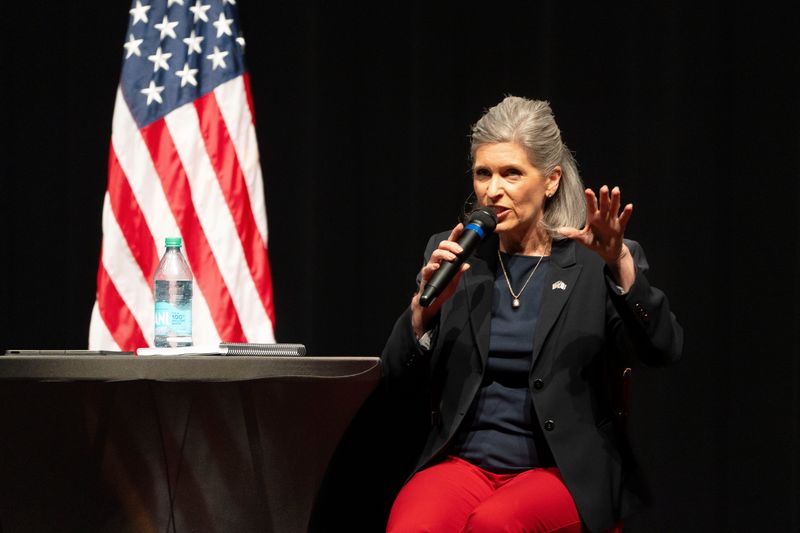 Sen. Joni Ernst speaks during a town hall at Aplington-Parkersburg High School on May 30, 2025, in Parkersburg.