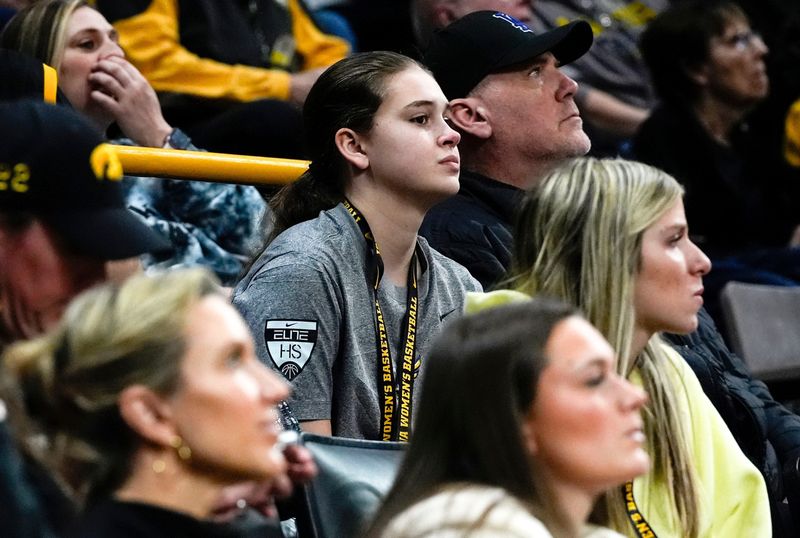Texas high school basketball star Finley Chastain watches a Big Ten womenâ€™s basketball game featuring the Iowa Hawkeyes and against the USC Trojans Sunday, Feb. 2, 2025 at Carver-Hawkeye Arena in Iowa City, Iowa.
