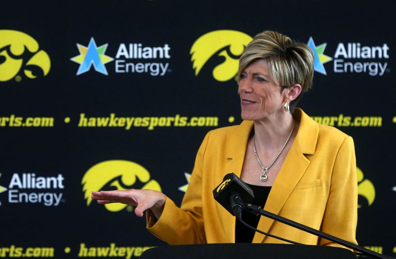 Jan Jensen speaks to media personnel after being named the new Iowa womenâ€™s basketball head coach Wednesday, May 15, 2024 at Carver-Hawkeye Arena in Iowa City, Iowa.