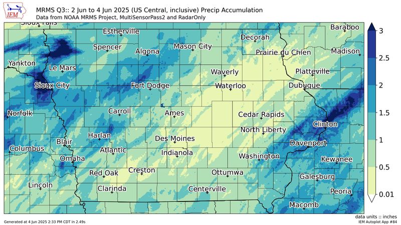 Some parts of Iowa had more than 2 inches of rain from June 2 to June 4, 2025.