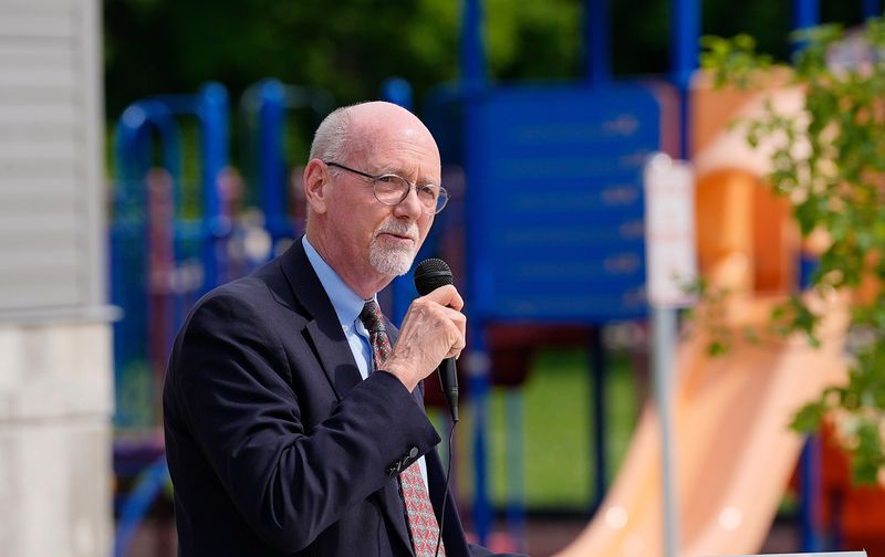 Ames Mayor John Haila speaks during the ribbon-cutting ceremony for the opening of the Boys & Girls Clubs of Story County's Burke Family Learning Center on June 4, 2025, in Ames, Iowa..