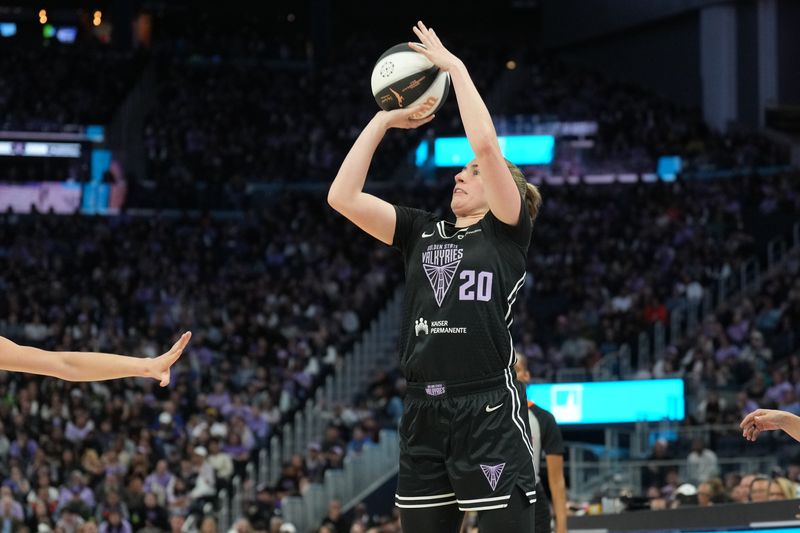 Jun 1, 2025; San Francisco, California, USA; Golden State Valkyries guard Kate Martin (20) shoots against the Minnesota Lynx during the third quarter at Chase Center. Mandatory Credit: Darren Yamashita-Imagn Images