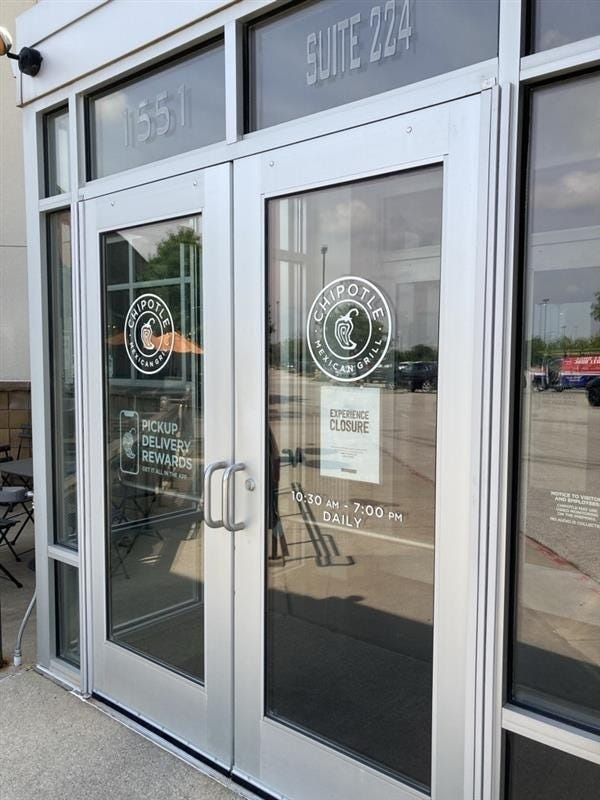 The Chipotle Mexican Grill at Valley West Mall in West Des Moines is closing the location on June 22, according to posted signs seen June 16, 2025. The restaurant is moving to a nearby location in Clive.
