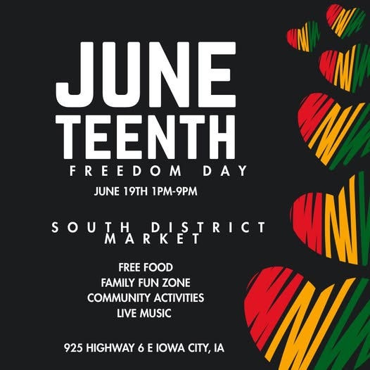 Celebrate Juneteenth at the “Reckoning: Reclaiming the Past, Remembering Black Voices, Reshaping the Future." The free event will last from 1 to 9 p.m. Thursday, June 19, at South District Market, featuring community events.
