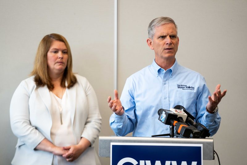 Ted Corrigan, head of Des Moines Water Works, speaks during a news conference updating consumers on nitrate concentrations and water conservation June 17 at the MidAmerican RecPlex in West Des Moines.
